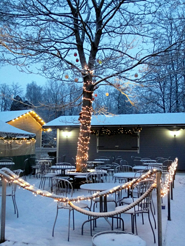 La terrasse du café illuminée et l'arbre décoré avec des oeufs de Noël selon Julie