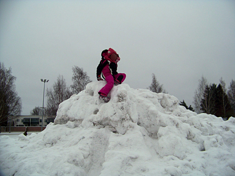 À l'assaut du tas de neige ! Julie adore grimper sur les tas que les déneigeuses font - et là, difficulté supplémentaire : c'était plus de la glace que de la neige.