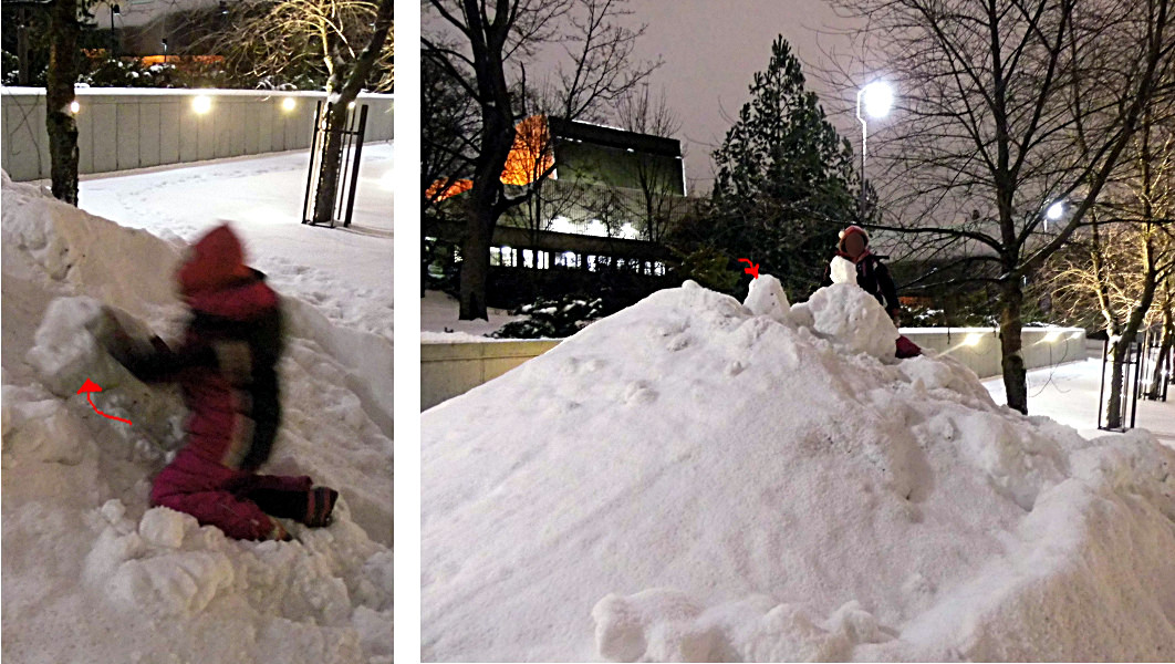 Julie a monté un bloc de neige (glace) hyper lourd tout en haut du tas, je suis obligée de vous montrer ça quand même, c'est une performance qui se salue.