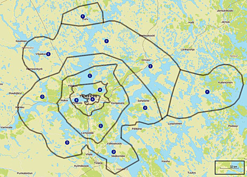 Les zones de bus autour de Tampere Les zones de bus autour de Tampere